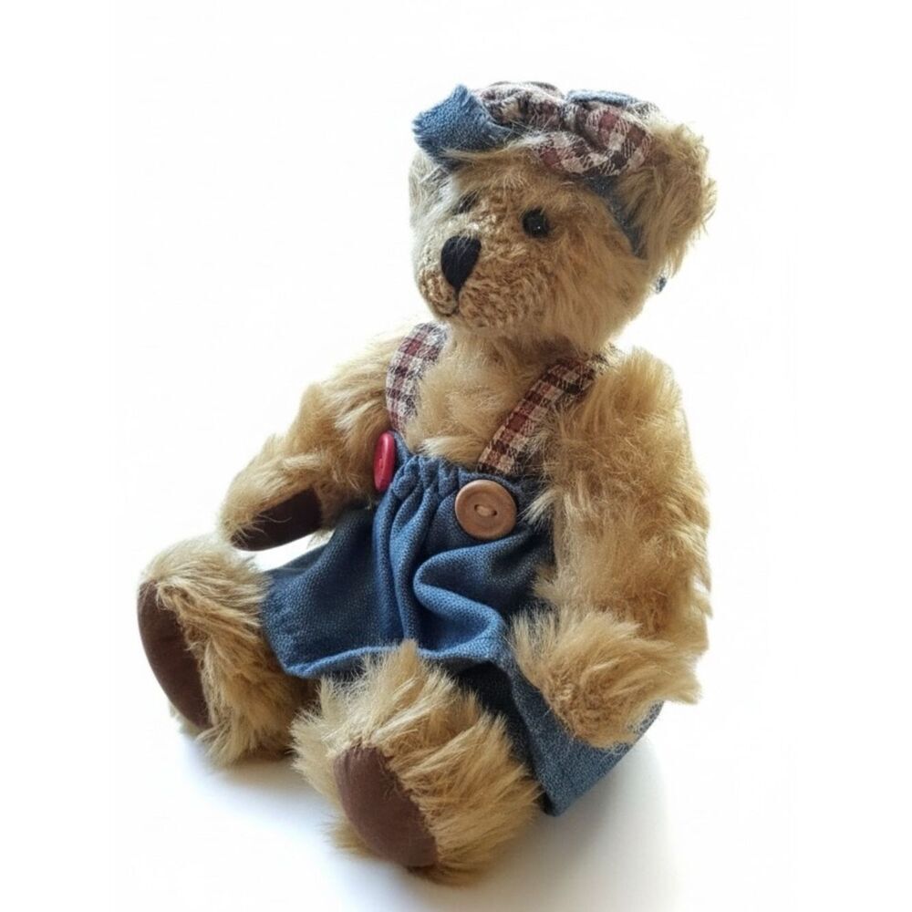 Boyd’s Bear Winifred in Blue Overalls with Plaid Accents Sitting 5”